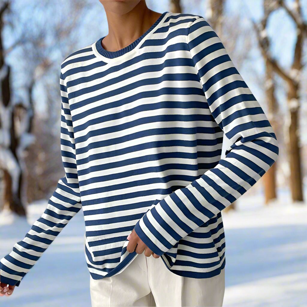 Drune | Langarm-T-Shirt Gestreift Rundhals Relaxed Fit Atmungsaktive Baumwolle