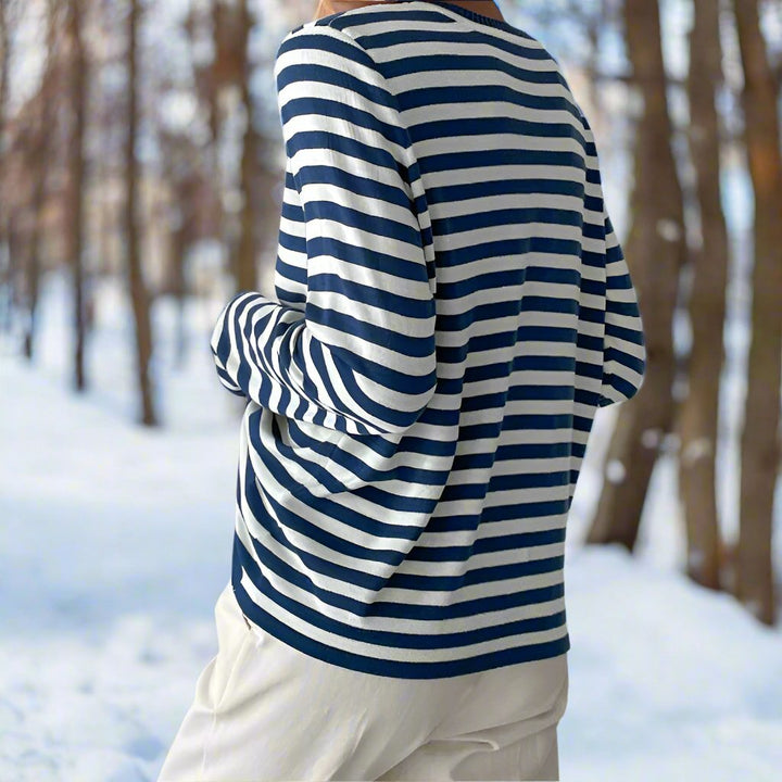 Drune | Langarm-T-Shirt Gestreift Rundhals Relaxed Fit Atmungsaktive Baumwolle