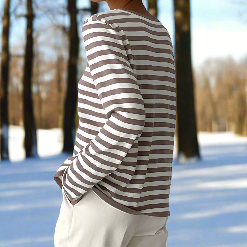 Drune | Langarm-T-Shirt Gestreift Rundhals Relaxed Fit Atmungsaktive Baumwolle
