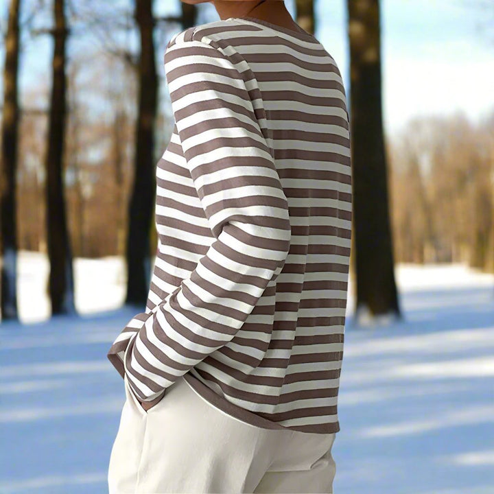 Drune | Langarm-T-Shirt Gestreift Rundhals Relaxed Fit Atmungsaktive Baumwolle
