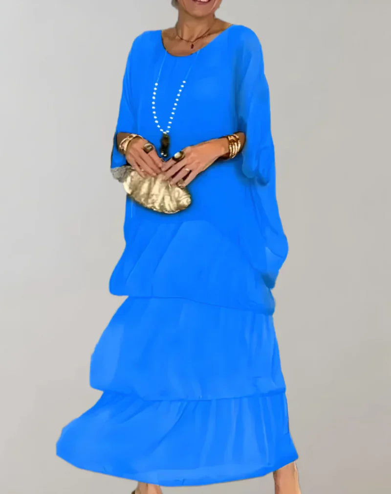 Drune | Elegantes Maxikleid mit Fledermausärmeln und Gestuftem Rundhalsausschnitt