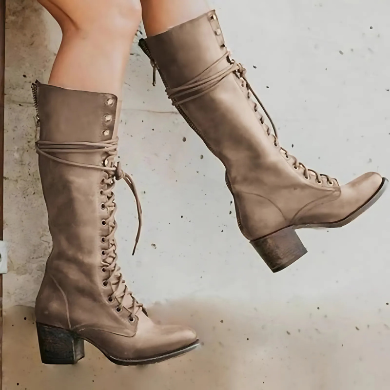 Drune | Knielange Stiefel Schnürung Vorn Blockabsatz Rundspitze Reißverschluss Hinten