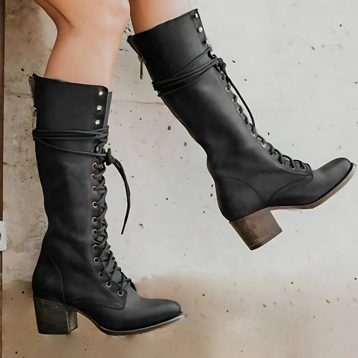 Drune | Knielange Stiefel Schnürung Vorn Blockabsatz Rundspitze Reißverschluss Hinten