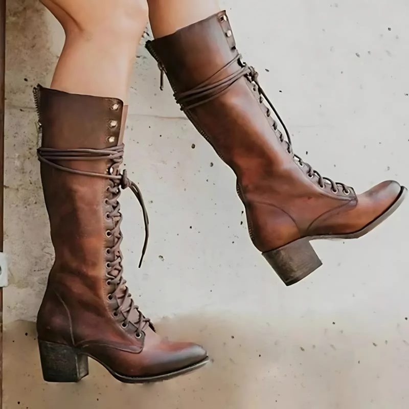 Drune | Knielange Stiefel Schnürung Vorn Blockabsatz Rundspitze Reißverschluss Hinten
