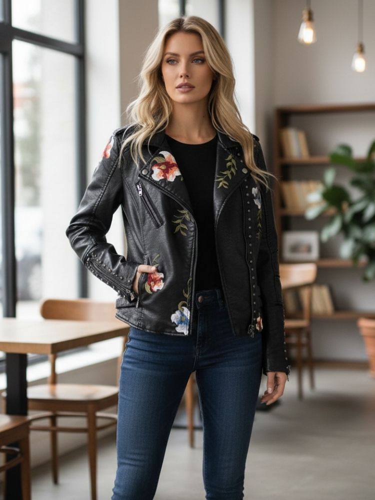 Drune | Damenlederjacke mit Eleganten und Schicken Bestickten Blumen
