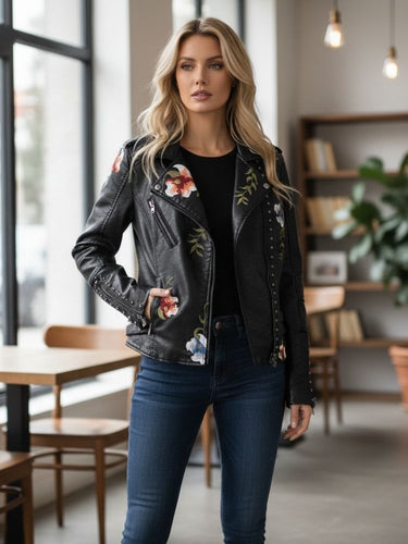 Drune | Damenlederjacke mit Eleganten und Schicken Bestickten Blumen