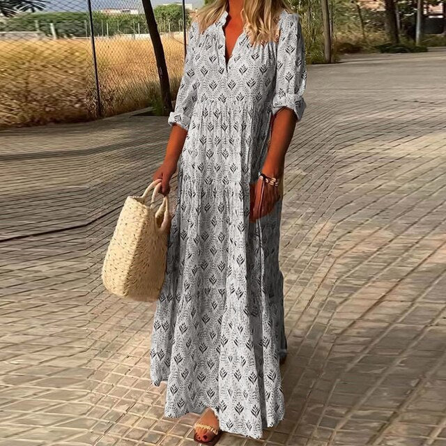 Drune | Lange Ärmel V-Ausschnitt Boho Kleid Sommerkleid