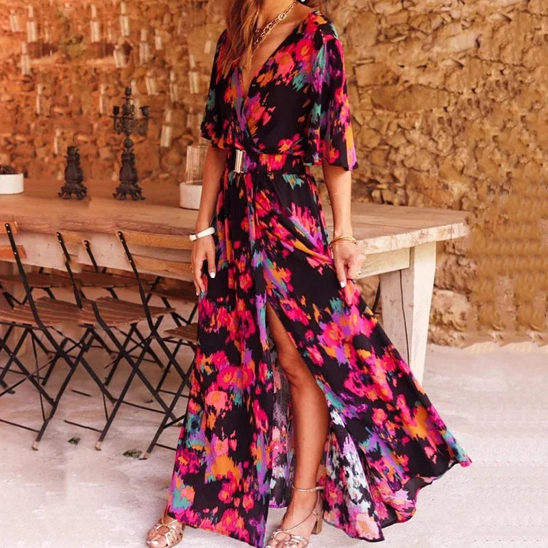Drune | Boho-Maxikleid mit V-Ausschnitt und Gürtel
