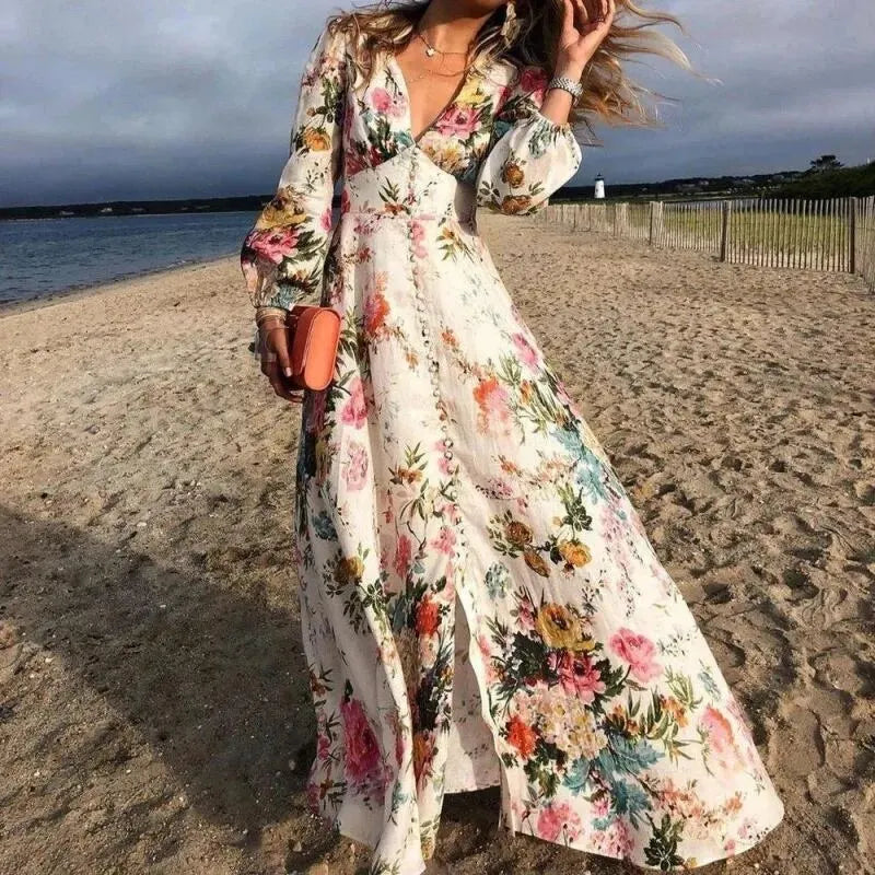 Drune | Floral Long Sleeve V Ausschnitt Boho Sonnenkleid
