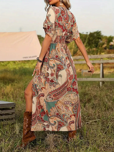 Drune | Maxikleid, Paisley-Print, Kurzärmelig, Boho-Kleid, Maxi-Sonnenkleid