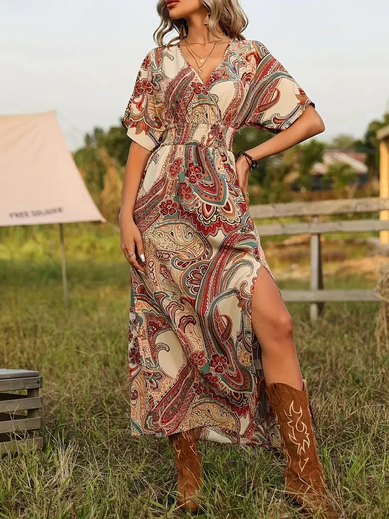 Drune | Maxikleid, Paisley-Print, Kurzärmelig, Boho-Kleid, Maxi-Sonnenkleid