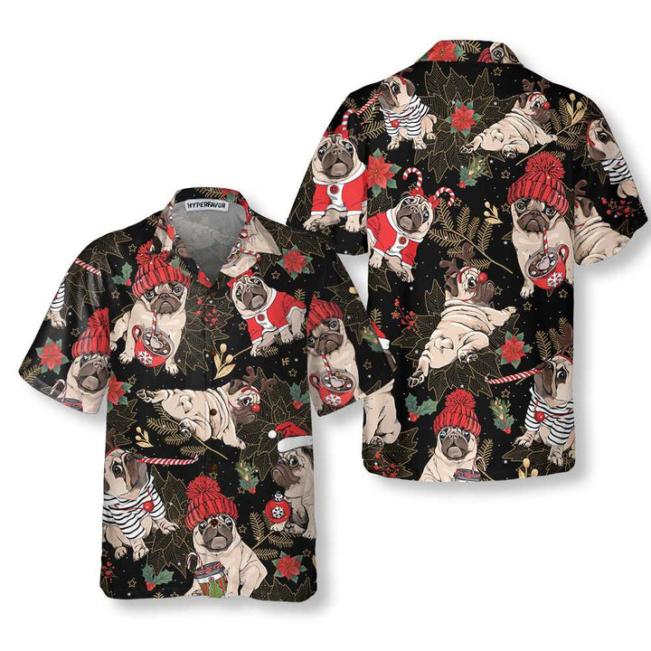 Drune | Fröhliches Pug Party Hawaiihemd, Lustiges Weihnachtspug-Hundeshirt für Männer