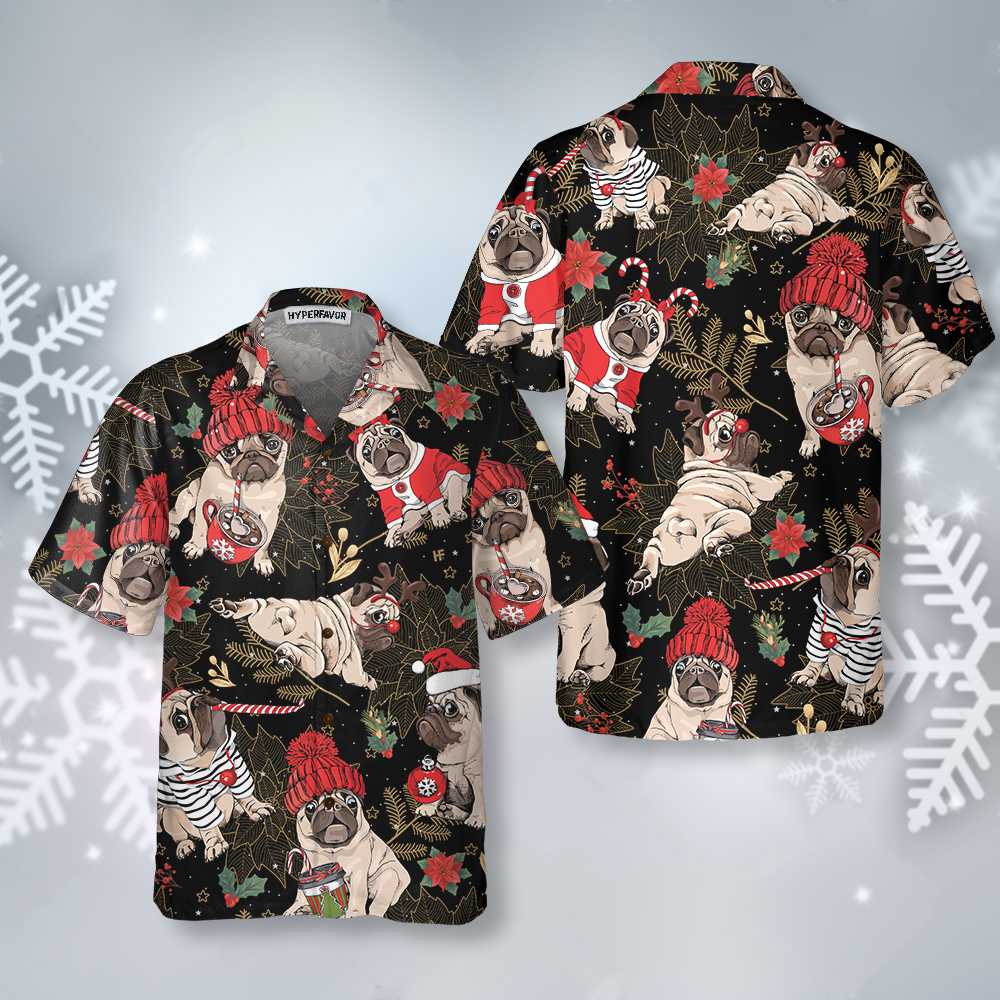 Drune | Fröhliches Pug Party Hawaiihemd, Lustiges Weihnachtspug-Hundeshirt für Männer