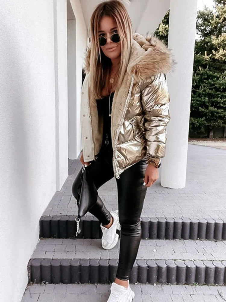 Drune | Damen Metallic Pufferjacke mit Kapuze und Pelzkragen