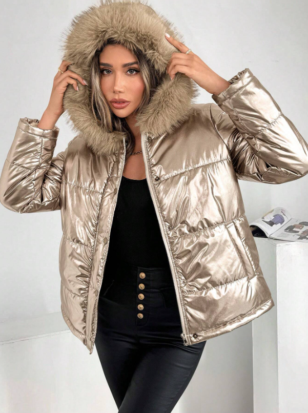 Drune | Damen Metallic Pufferjacke mit Kapuze und Pelzkragen