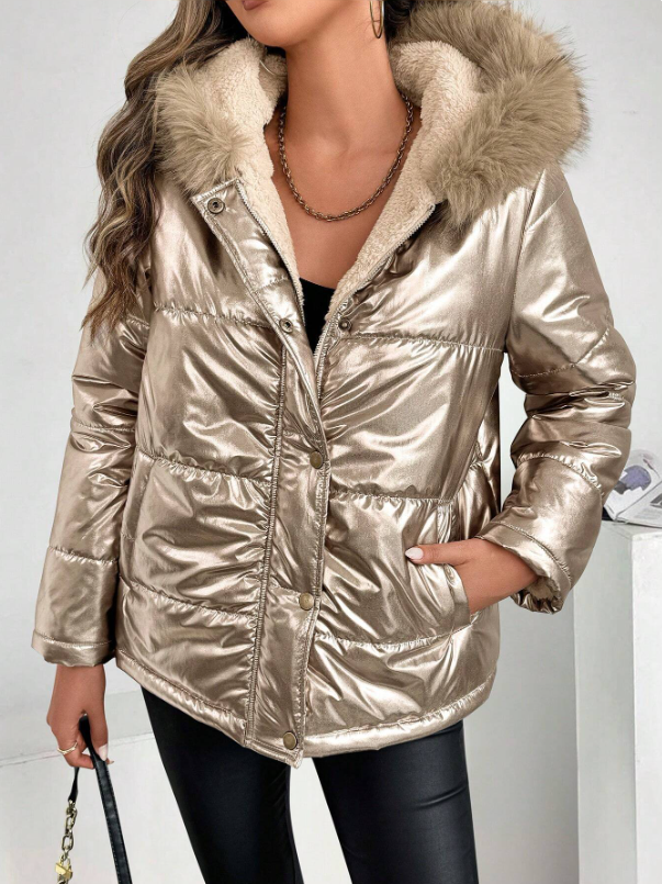 Drune | Damen Metallic Pufferjacke mit Kapuze und Pelzkragen