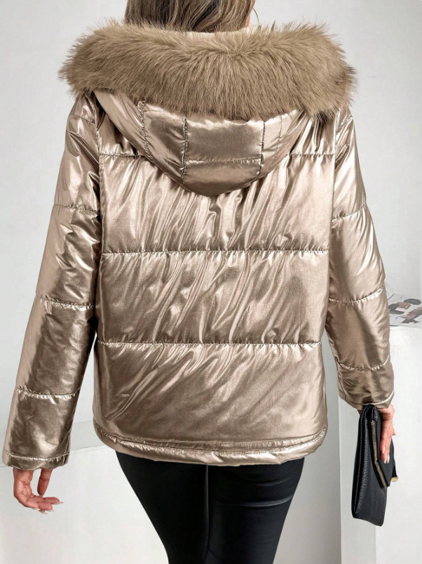 Drune | Damen Metallic Pufferjacke mit Kapuze und Pelzkragen