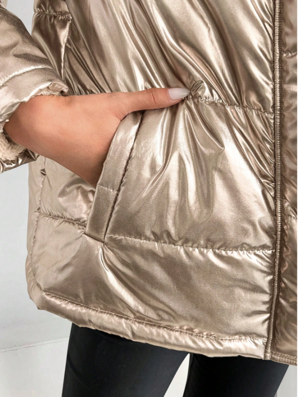 Drune | Damen Metallic Pufferjacke mit Kapuze und Pelzkragen