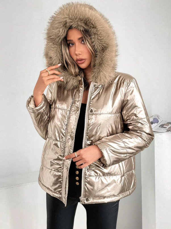 Drune | Damen Metallic Pufferjacke mit Kapuze und Pelzkragen