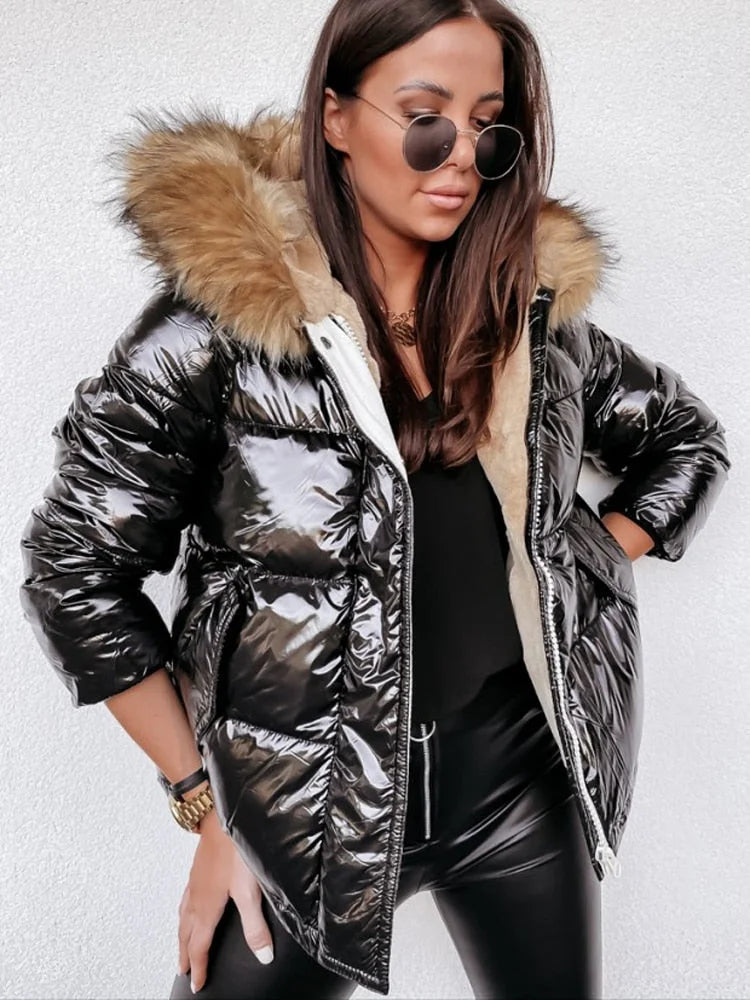 Drune | Damen Metallic Pufferjacke mit Kapuze und Pelzkragen