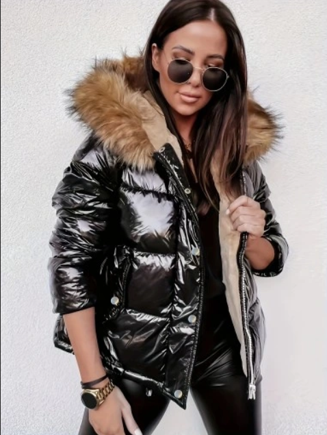 Drune | Damen Metallic Pufferjacke mit Kapuze und Pelzkragen