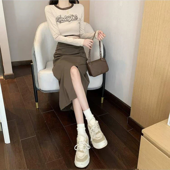 Drune - Midi-Rock für Damen mit Falten und Seitenschlitz im Koreanischen Stil