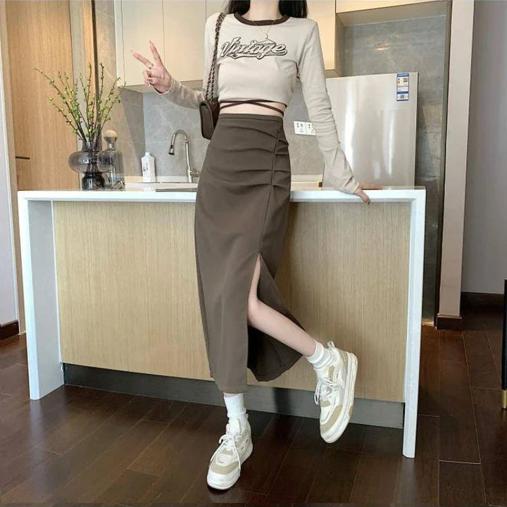 Drune - Midi-Rock für Damen mit Falten und Seitenschlitz im Koreanischen Stil