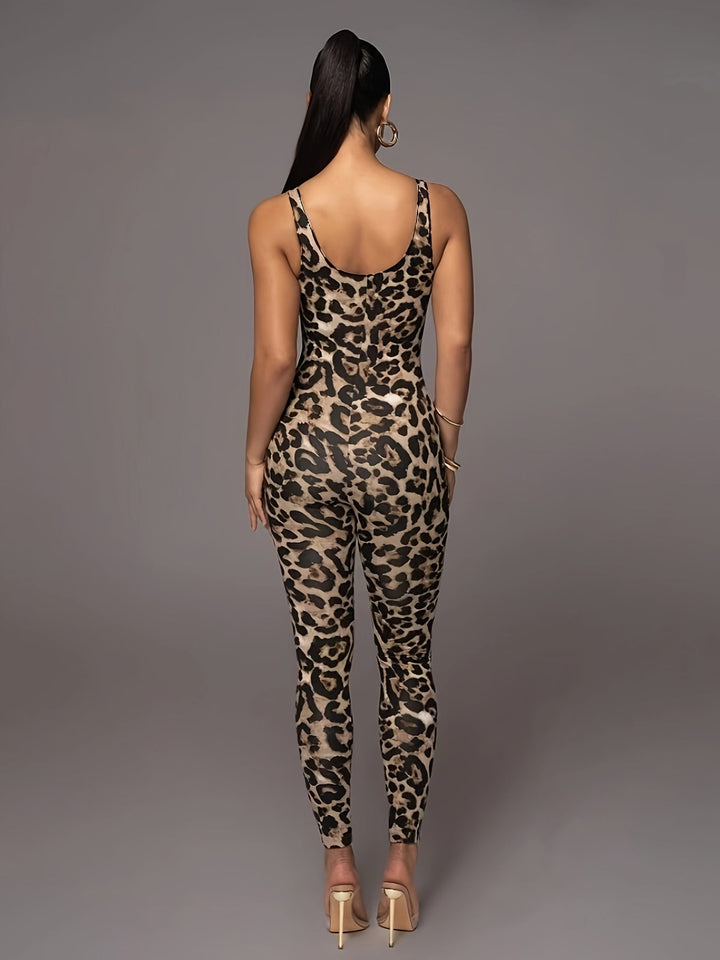Drune | Damen Jumpsuit Mit Leopardenmuster Trendy Sportlicher Catsuit Mit Hohem Stretch