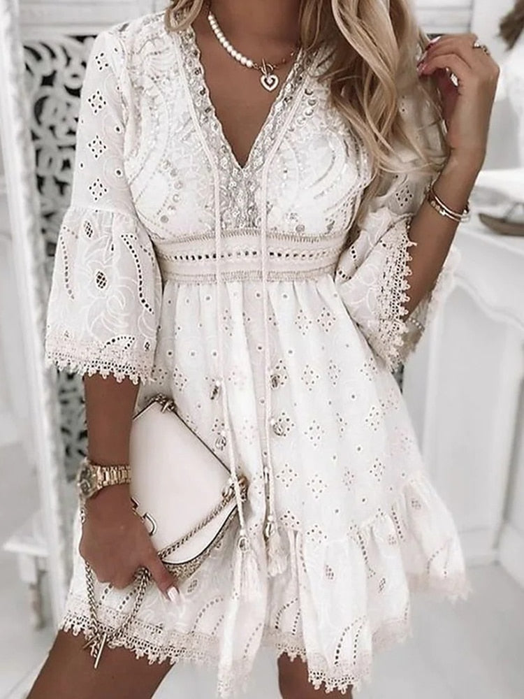 Drune | Halbe Ärmel Boho Style Spitzenkleid Sommerkleid