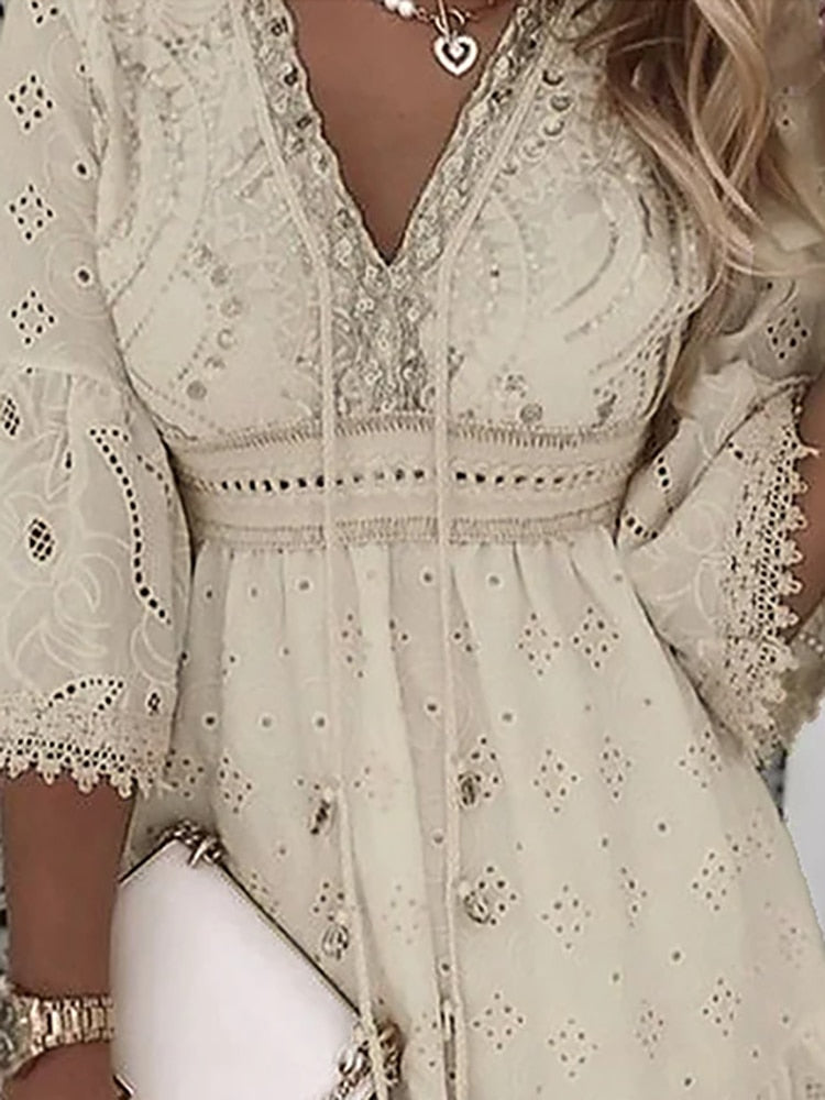 Drune | Halbe Ärmel Boho Style Spitzenkleid Sommerkleid