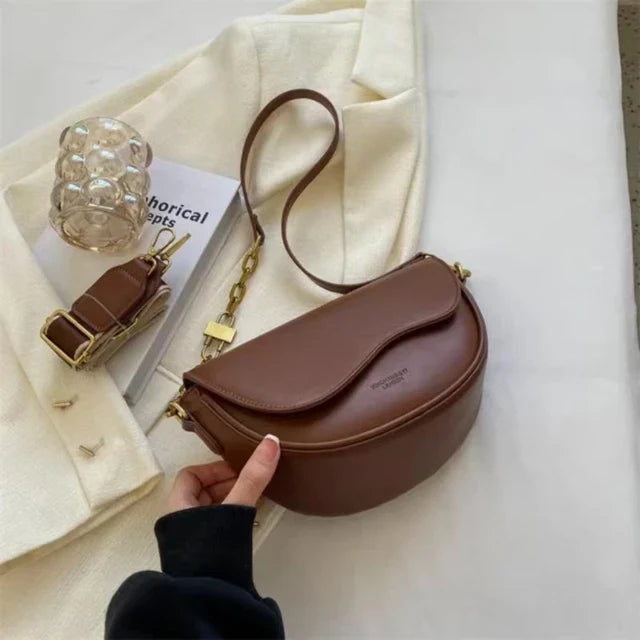 Drune - Damen Schultertasche aus PU-Leder mit breitem Riemen