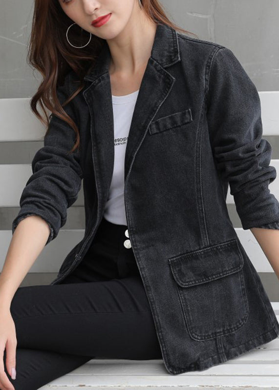Drune | Schwarze Notched Pockets Patchwork Denim Mäntel Lange Ärmel