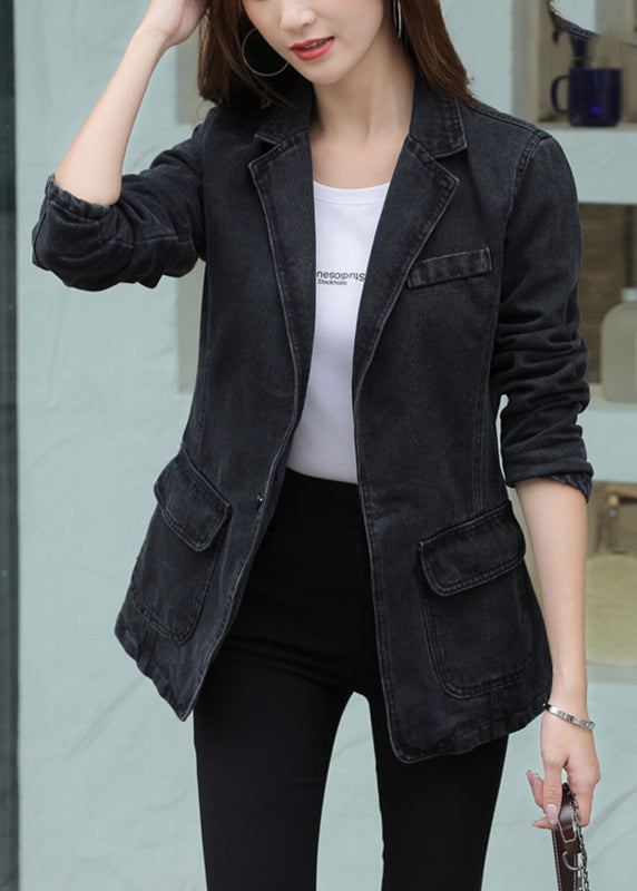 Drune | Schwarze Notched Pockets Patchwork Denim Mäntel Lange Ärmel