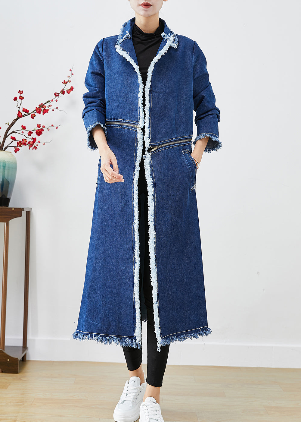 Drune | Blaue Reißverschluss Trenchcoats zum Tragen von beiden Seiten aus Denim