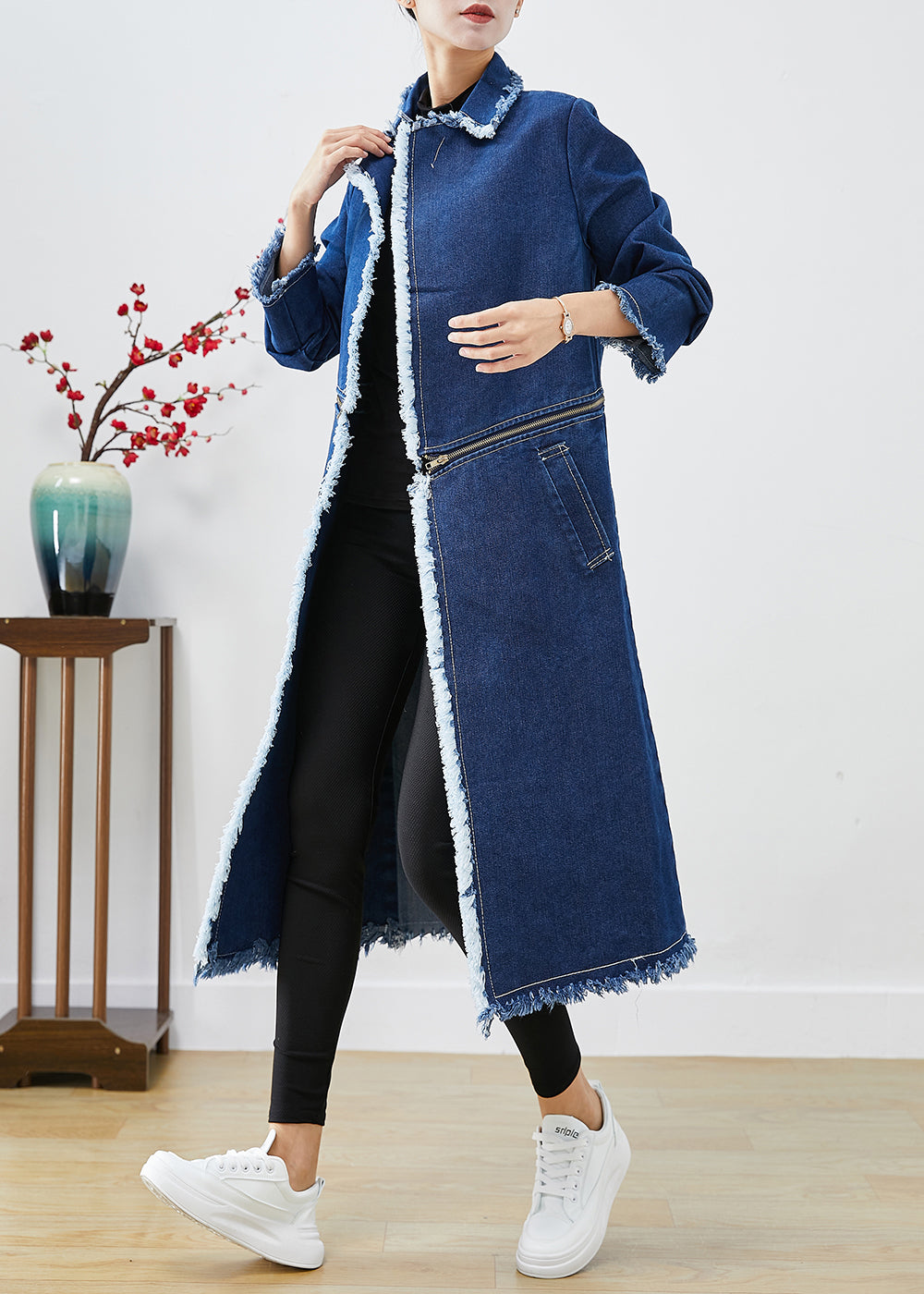 Drune | Blaue Reißverschluss Trenchcoats zum Tragen von beiden Seiten aus Denim