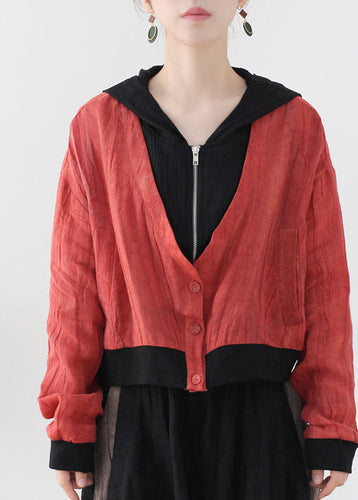 Drune | Rote Colorblock Patchwork Leinen Fake Zwei Stück Mäntel Langarm