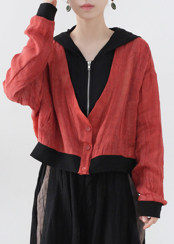 Drune | Rote Colorblock Patchwork Leinen Fake Zwei Stück Mäntel Langarm