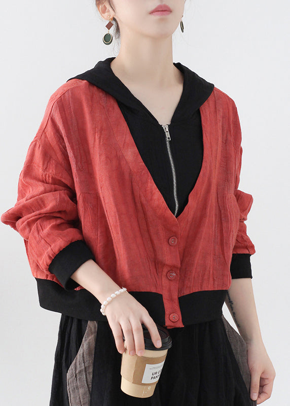 Drune | Rote Colorblock Patchwork Leinen Fake Zwei Stück Mäntel Langarm