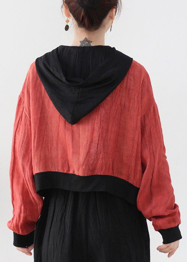 Drune | Rote Colorblock Patchwork Leinen Fake Zwei Stück Mäntel Langarm