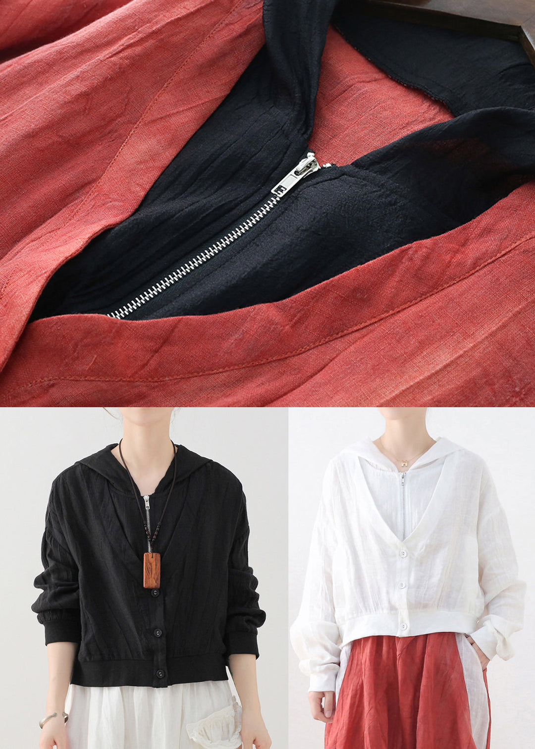 Drune | Rote Colorblock Patchwork Leinen Fake Zwei Stück Mäntel Langarm