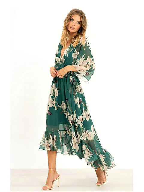 Drune | 3/4 Arm V-Ausschnitt Maxikleid für Eleganz