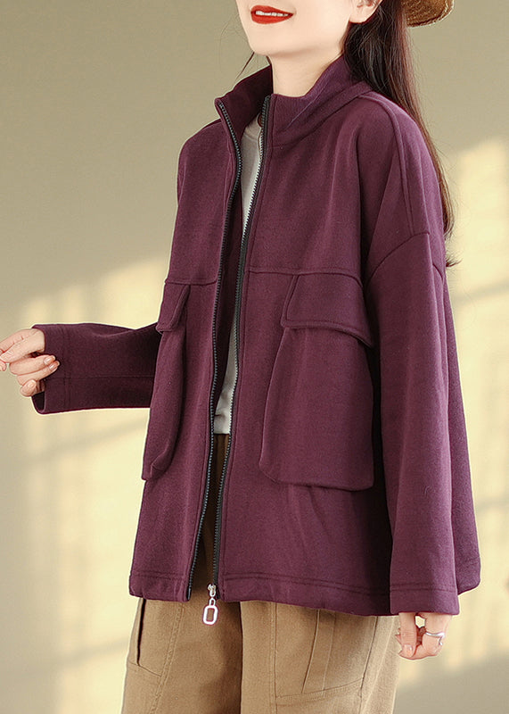 Drune | Lila Zip-Up-Taschen Patchwork Warme Fleecejacken