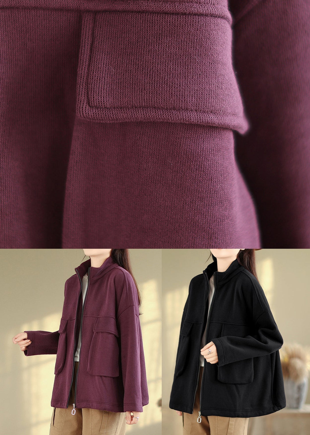 Drune | Lila Zip-Up-Taschen Patchwork Warme Fleecejacken
