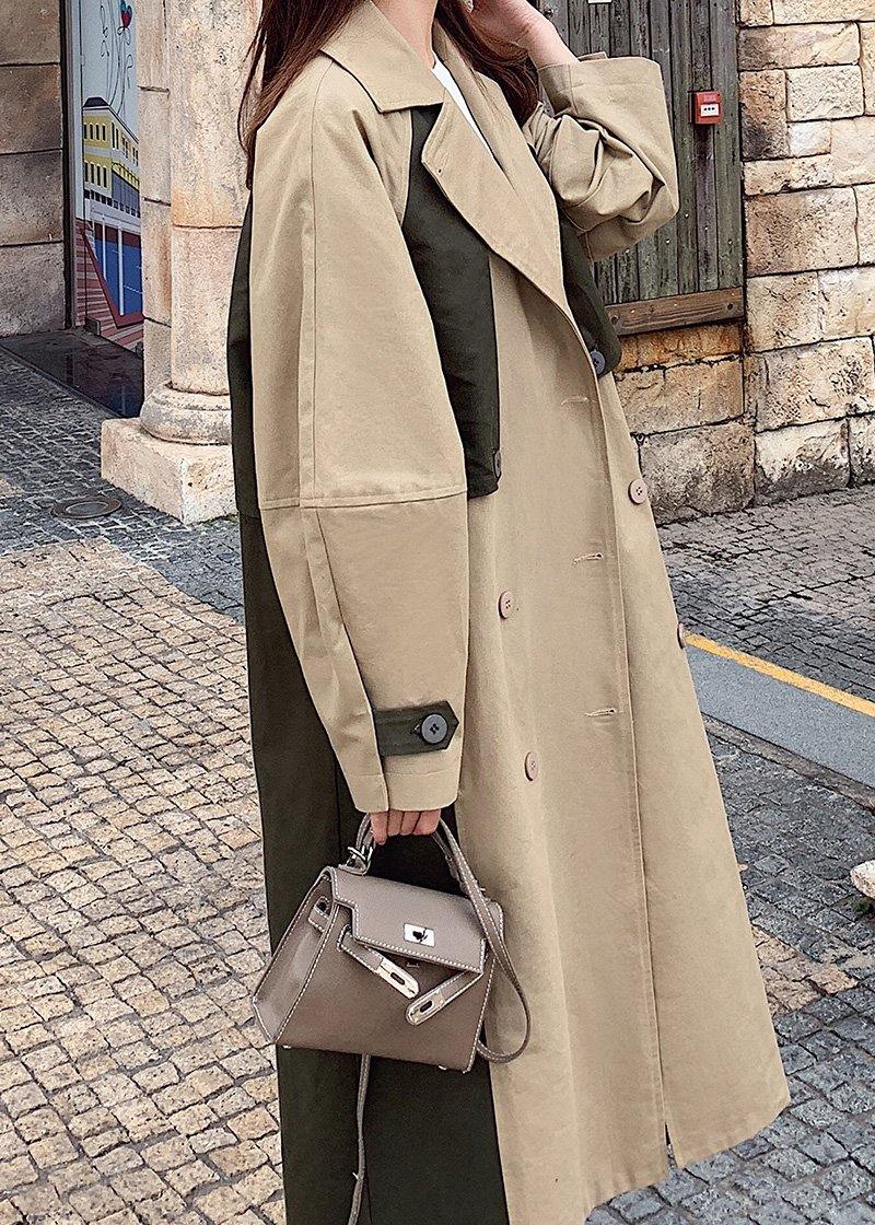 Drune | doppelreihiger feiner Patchwork Lange Mäntel khaki oversized Mäntel