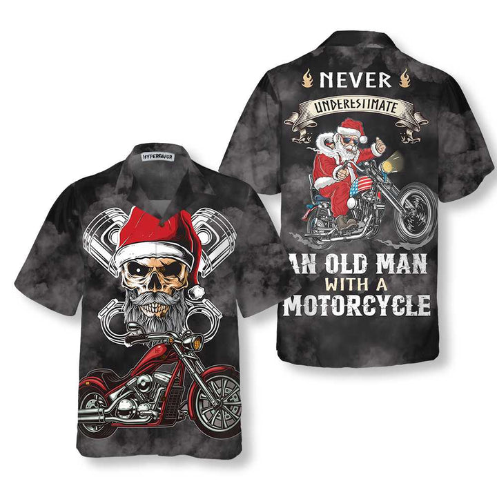 Drune | Unterschätze niemals einen alten Mann mit einem Motorrad Weihnachts Hawaiian-Shirt, bestes Motorradgeschenk zu Weihnachten