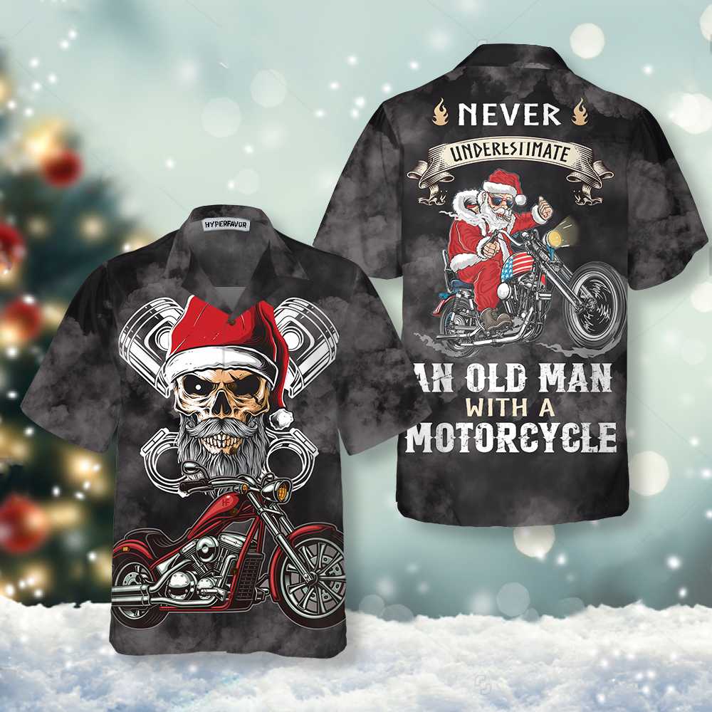 Drune | Unterschätze niemals einen alten Mann mit einem Motorrad Weihnachts Hawaiian-Shirt, bestes Motorradgeschenk zu Weihnachten