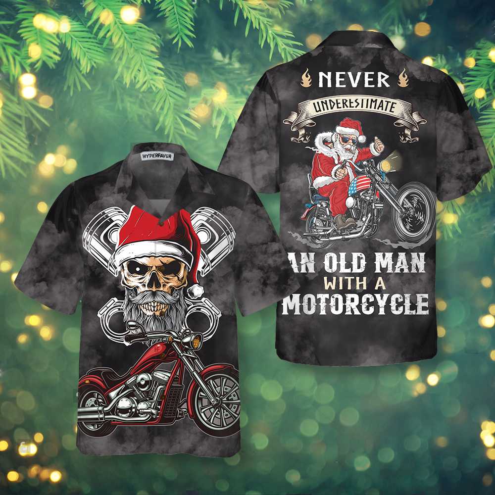 Drune | Unterschätze niemals einen alten Mann mit einem Motorrad Weihnachts Hawaiian-Shirt, bestes Motorradgeschenk zu Weihnachten