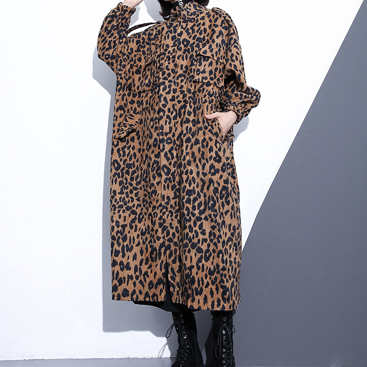 Drune | Leopardenmäntel Plus-Size-Bekleidung Stehkragen Reißverschluss Trenchcoat Damen Langarm Taschen Boxy Baumwollmischung Mantel