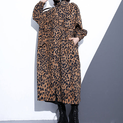 Drune | Leopardenmäntel Plus-Size-Bekleidung Stehkragen Reißverschluss Trenchcoat Damen Langarm Taschen Boxy Baumwollmischung Mantel