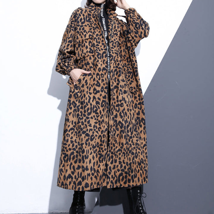 Drune | Leopardenmäntel Plus-Size-Bekleidung Stehkragen Reißverschluss Trenchcoat Damen Langarm Taschen Boxy Baumwollmischung Mantel